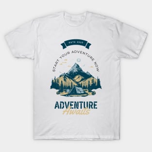 Cream Green Illustrated Adventure Awaits T-Shirt T-Shirt